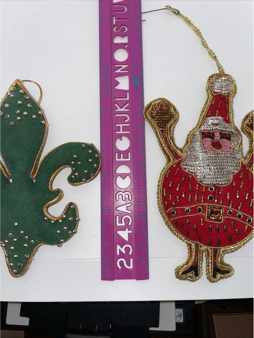 2 vintage Christmas ornaments velvet red green gold Santa Fleur De Lis